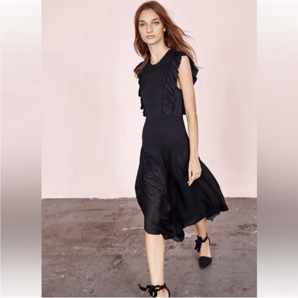 Ulla Johnson Coco Midi Dress Noir Black Size 4 Smocked Top Ruffle Sleeve Midi